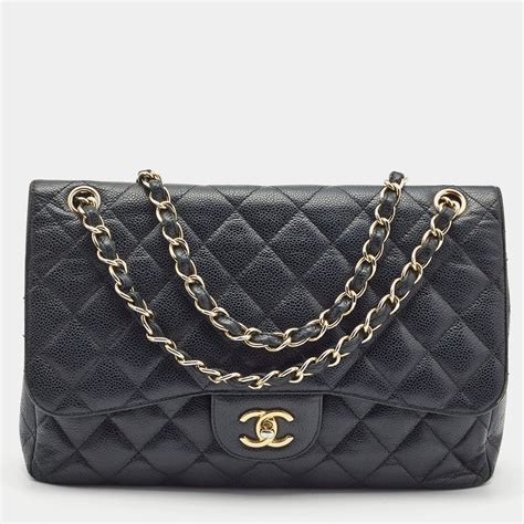 Chanel Black Quilted Caviar Jumbo Classic Double Flap Gold Har